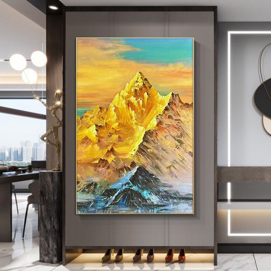 Original Golden Mountain Oil Painting Canvas, Abstract Gold