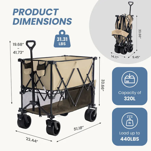 320L Outdoor Folding Double-Decker Wagon with Brakes, 440 lbs Capacity, Flexible Handle, All-Terrain Big Wheels, Compact Pack & Foldable Size for Grocery, Camping