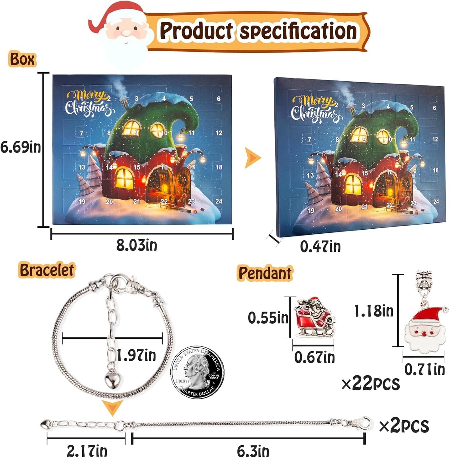 2025 Christmas Advent Calendar Bracelet, DIY Jewelry Making Kit Gift, 22 Beads, 2 Bracelets for Kids, Teens and Women