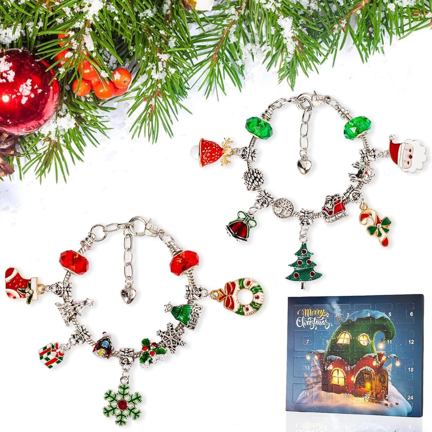2025 Christmas Advent Calendar Bracelet, DIY Jewelry Making Kit Gift, 22 Beads, 2 Bracelets for Kids, Teens and Women