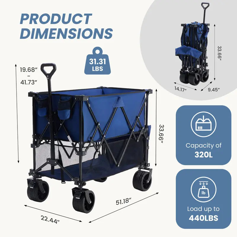 320L Outdoor Folding Double-Decker Wagon with Brakes, 440 lbs Capacity, Flexible Handle, All-Terrain Big Wheels, Compact Pack & Foldable Size for Grocery, Camping