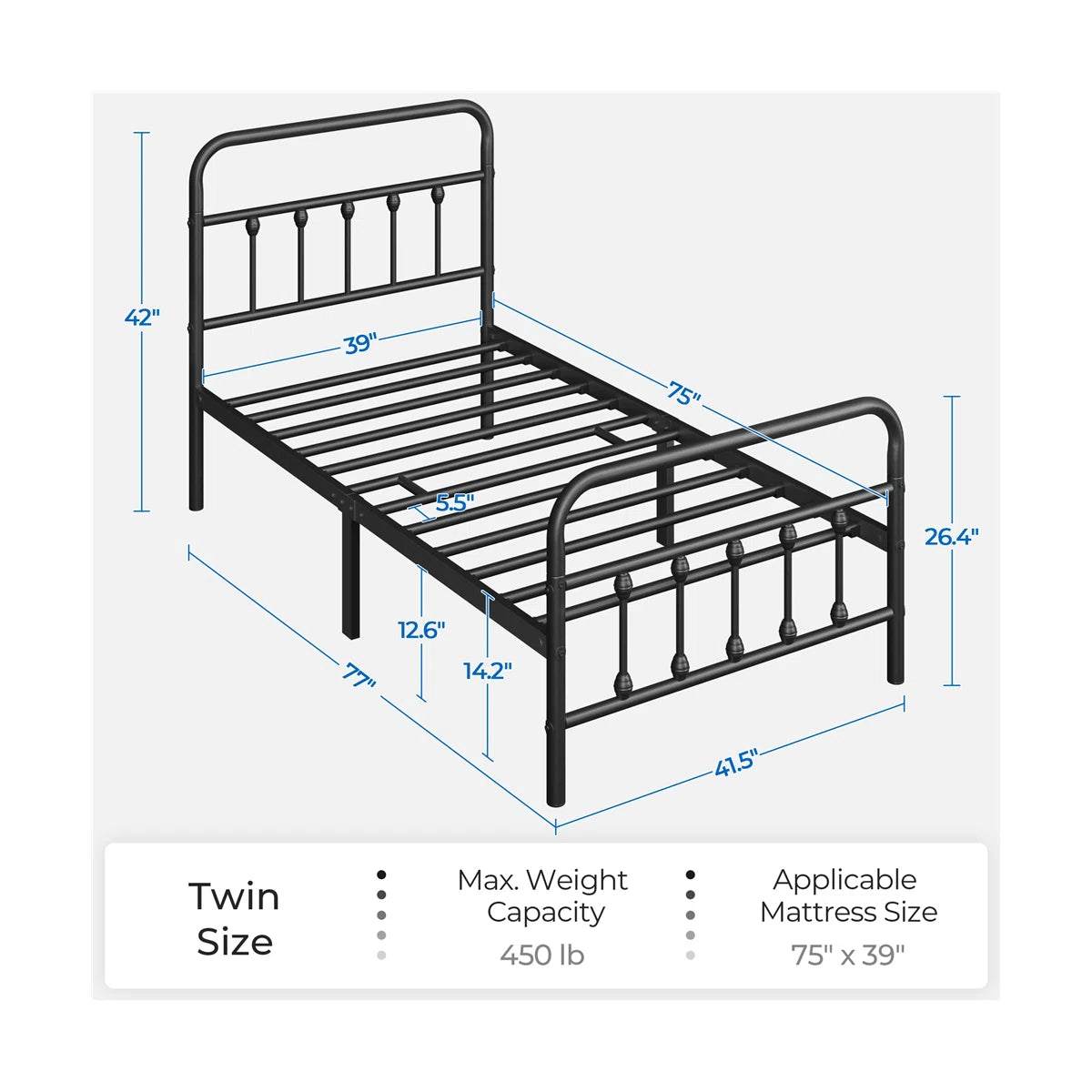Classic Iron Platform Bed with High Headboard and Footboard