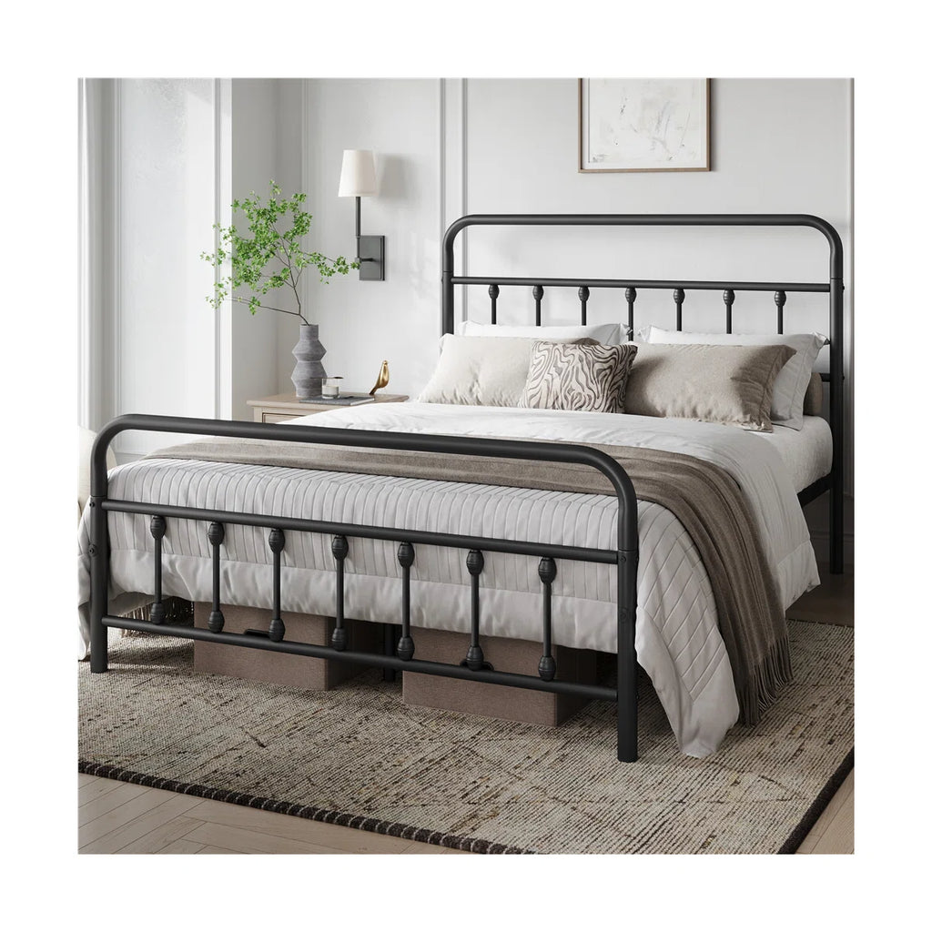 Classic Iron Platform Bed with High Headboard and Footboard