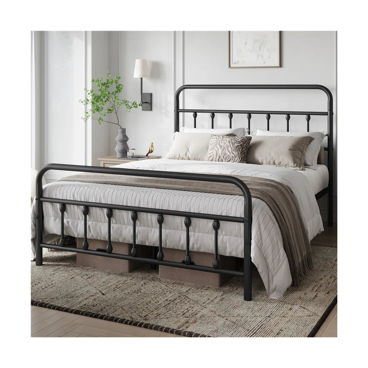 Classic Iron Platform Bed with High Headboard and Footboard