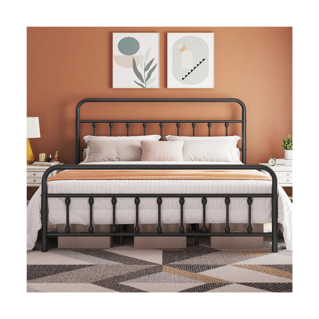 Classic Iron Platform Bed with High Headboard and Footboard