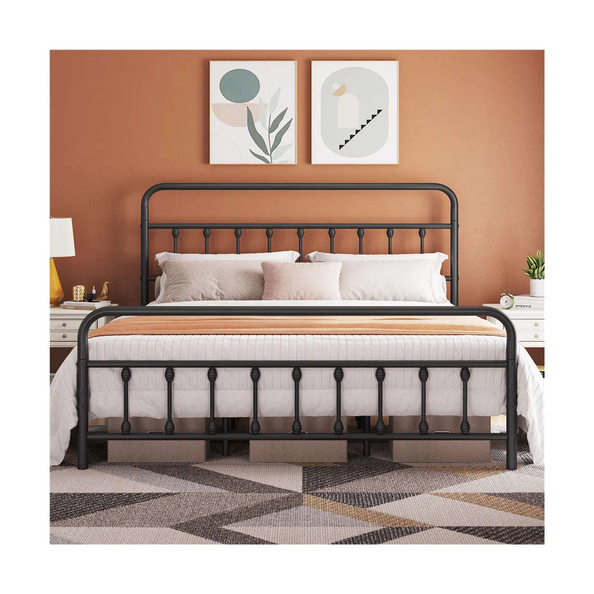 Classic Iron Platform Bed with High Headboard and Footboard