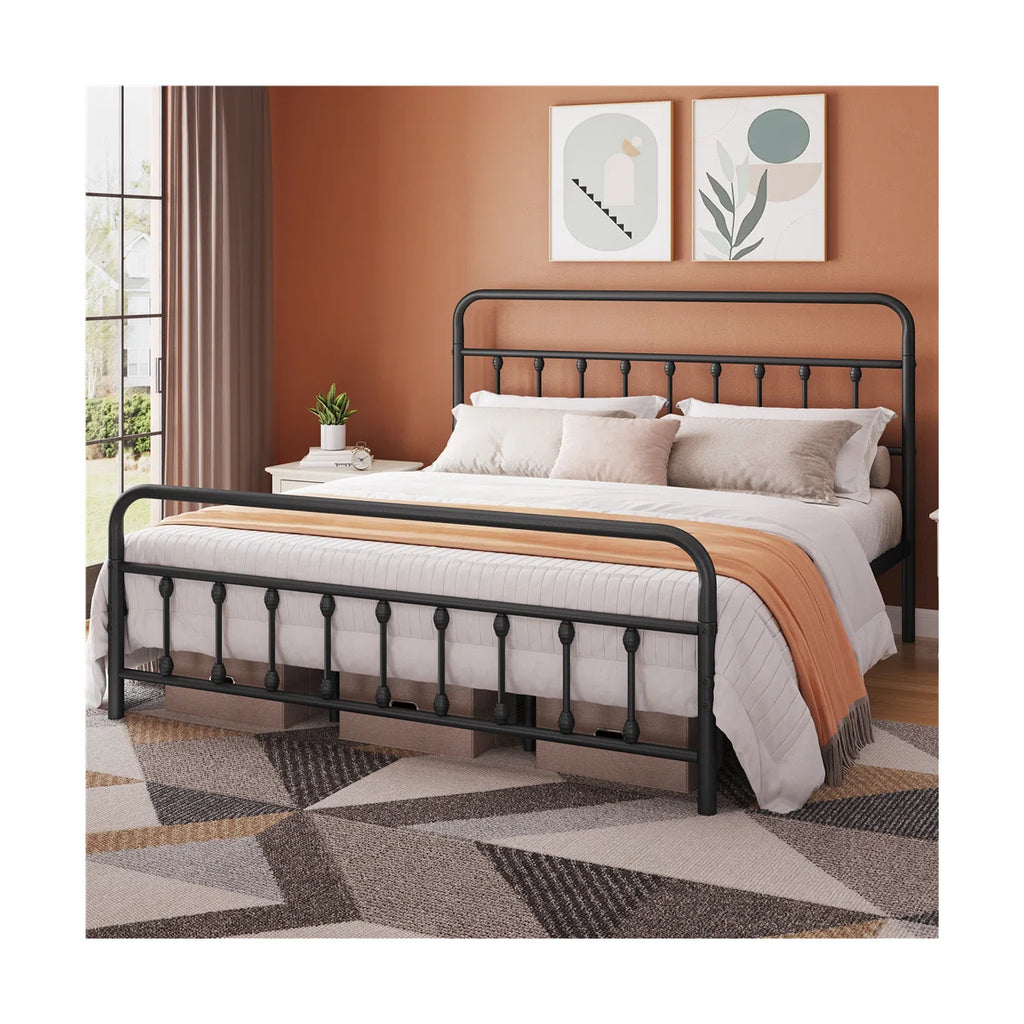 Classic Iron Platform Bed with High Headboard and Footboard