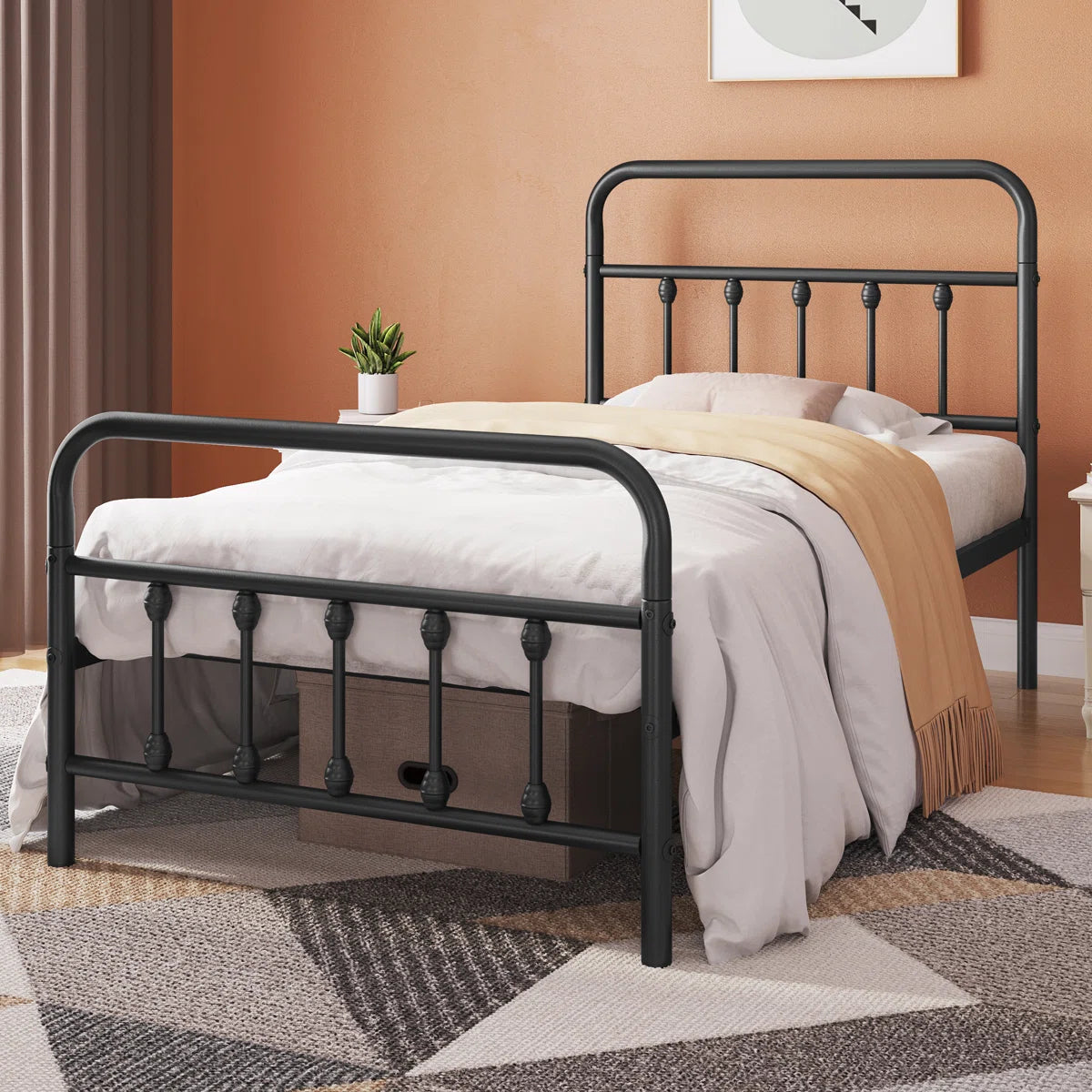Classic Iron Platform Bed with High Headboard and Footboard