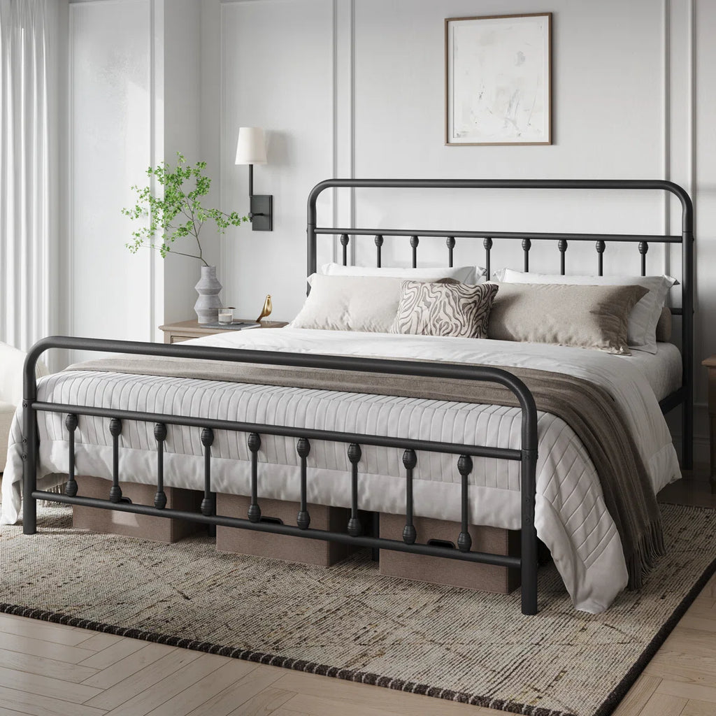 Classic Iron Platform Bed with High Headboard and Footboard