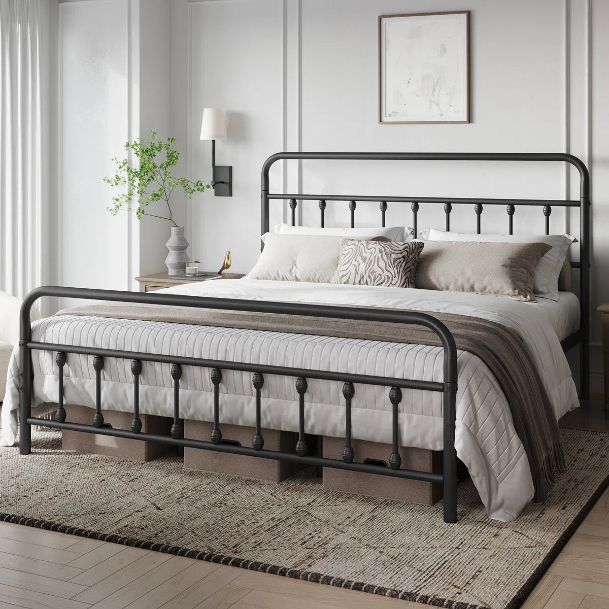 Classic Iron Platform Bed with High Headboard and Footboard