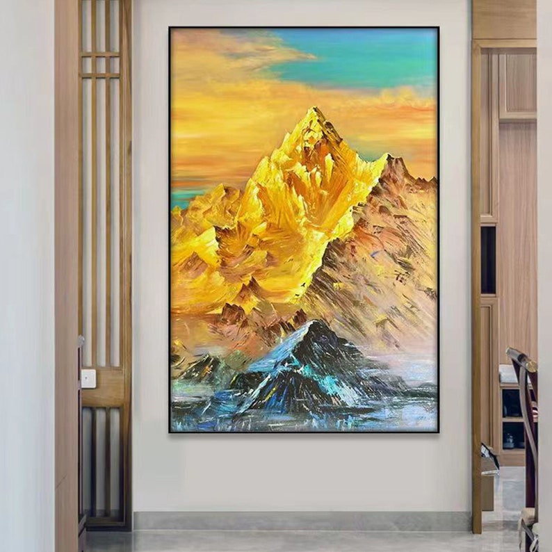 Original Golden Mountain Oil Painting Canvas, Abstract Gold