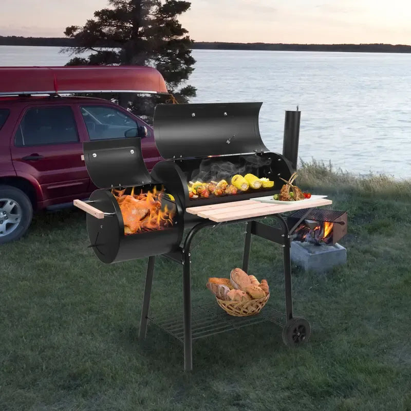 BBQ Charcoal Grill, Outdoor Patio Barbecue Cooker With Offset Smoker, Wheels And Tray For Balcony Picnics, Party And Camping