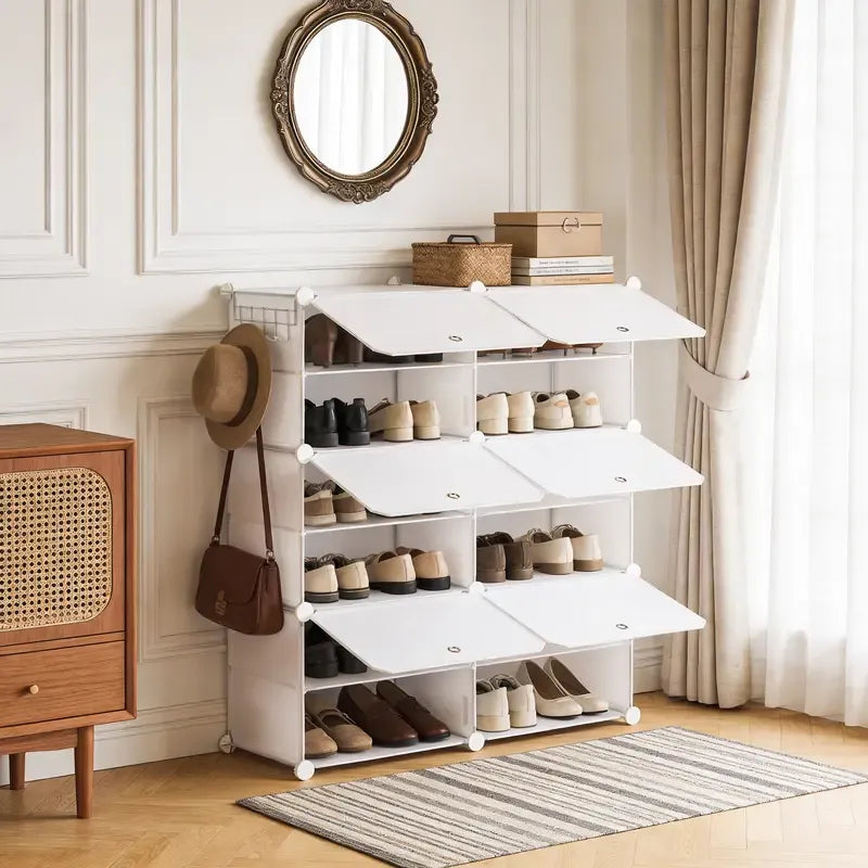 Today Only: $39｜6/8-tier shoe cabinet, 24/32-tier capacity, with side hooks, sturdy metal frame, and black and white plastic panel shelves. Suitable for entryways, living rooms, and walk-in closets