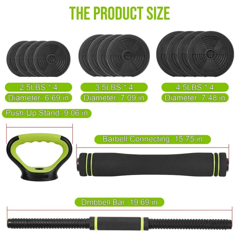 Adjustable Dumbbells(19-Piece Set), 44Lbs Free Weight Set with Connector, 4 In1 Weight Dumbbell Set Used As Kettlebells, Barbell, Push Up Stand, Fitness Exercise for Home Gym Suitable Men/Women,Green