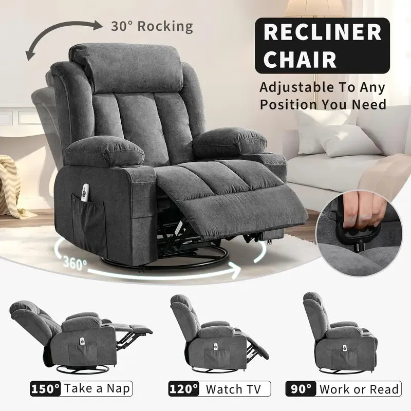 Power 360°Swivel Rocker Recliner Chair with Heat and Massage for Big and Tall Adults Oversized Electric Glider Reclining Chairs with Remote Control,Cup Holders,Side Pockets,USB Charge Port,Gray