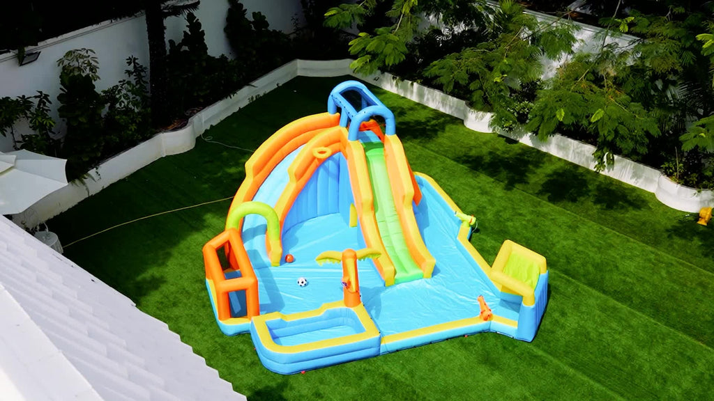 Inflatable Water Slide w/ 2 Long Slides & Large Climbing Wall & Small Deeper Pool & Awning for Kids Aged 3 to 10, Outdoor Water Slide w/Storage Bag & 950W Blower