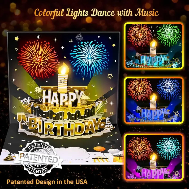 DIY Age Birthday Cards Fireworks Pop Up Cake Light and Music Black and Gold Happy Birthday Card Gift for Husband, Men, Women, Mom, Grandma
