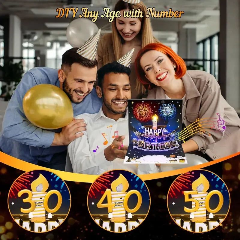 DIY Age Birthday Cards Fireworks Pop Up Cake Light and Music Black and Gold Happy Birthday Card Gift for Husband, Men, Women, Mom, Grandma