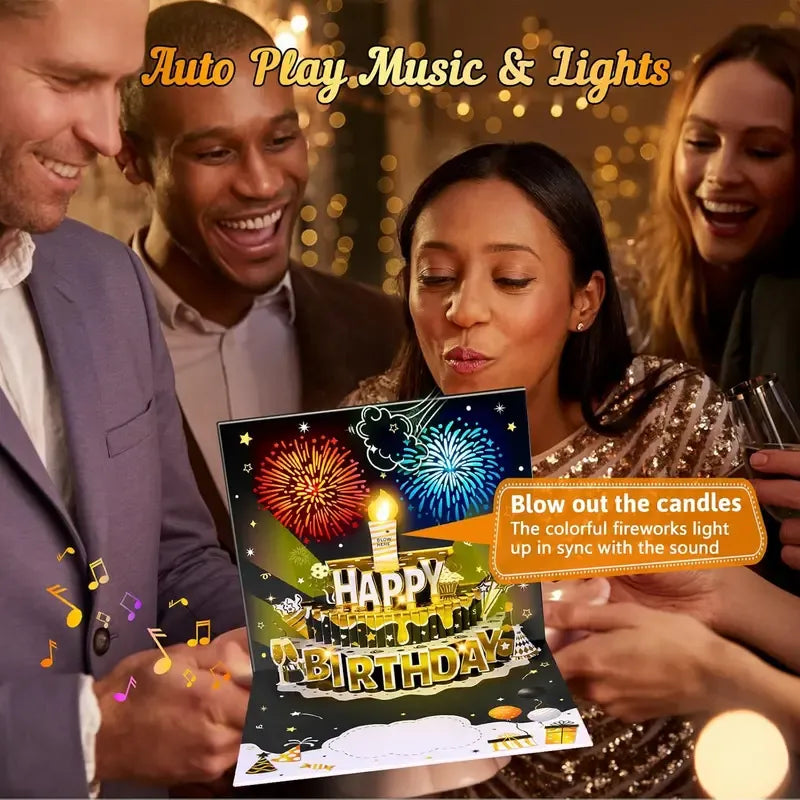 DIY Age Birthday Cards Fireworks Pop Up Cake Light and Music Black and Gold Happy Birthday Card Gift for Husband, Men, Women, Mom, Grandma