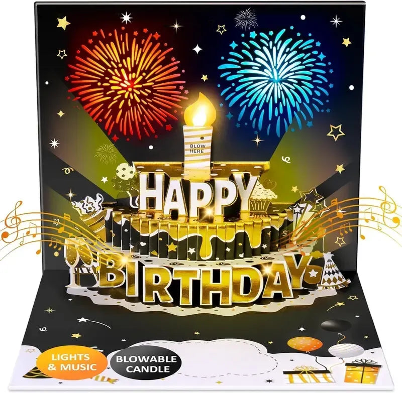 DIY Age Birthday Cards Fireworks Pop Up Cake Light and Music Black and Gold Happy Birthday Card Gift for Husband, Men, Women, Mom, Grandma