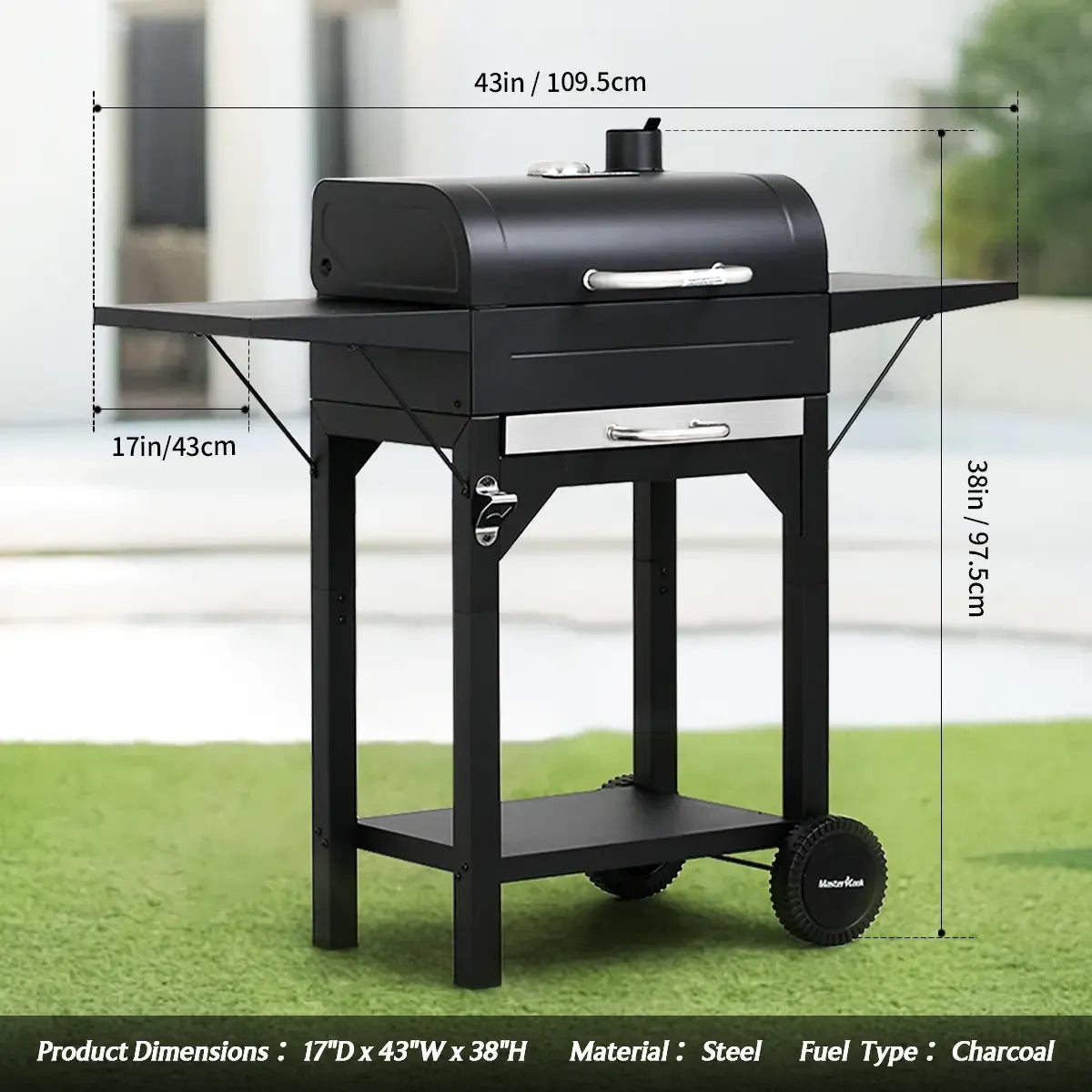 Charcoal Grill with Two Side Tables 332 SQIN Cooking Area Outdoor Smoker Barbecue BBQ Grill for Camping Patio Backyard Party Picnic Black