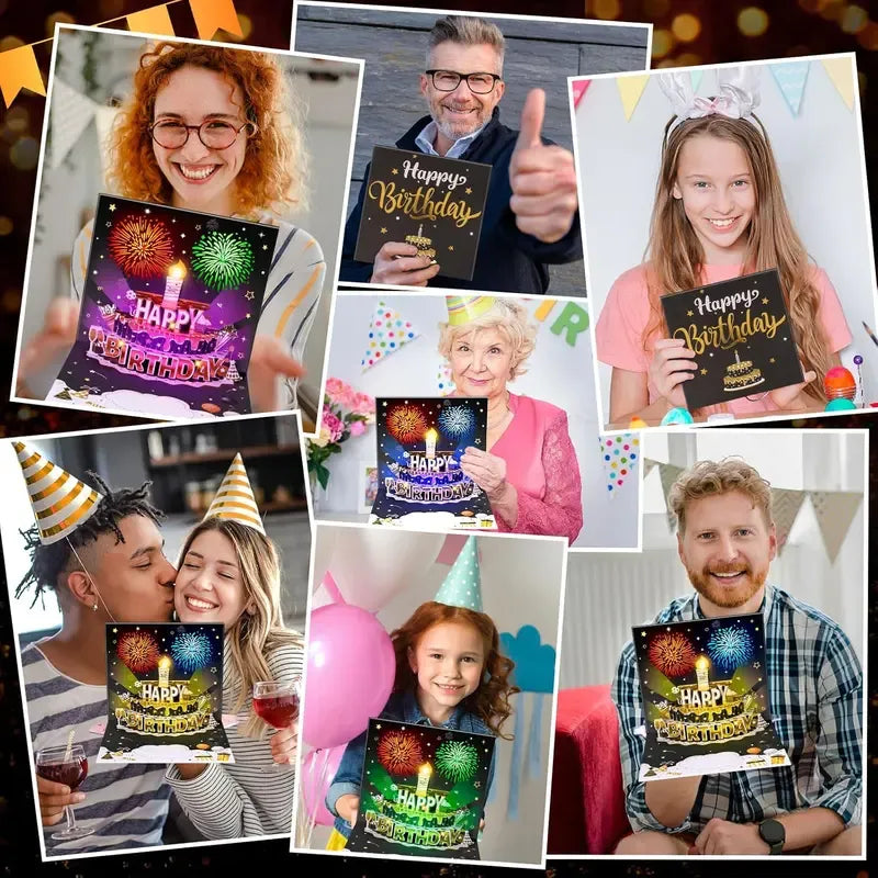 DIY Age Birthday Cards Fireworks Pop Up Cake Light and Music Black and Gold Happy Birthday Card Gift for Husband, Men, Women, Mom, Grandma