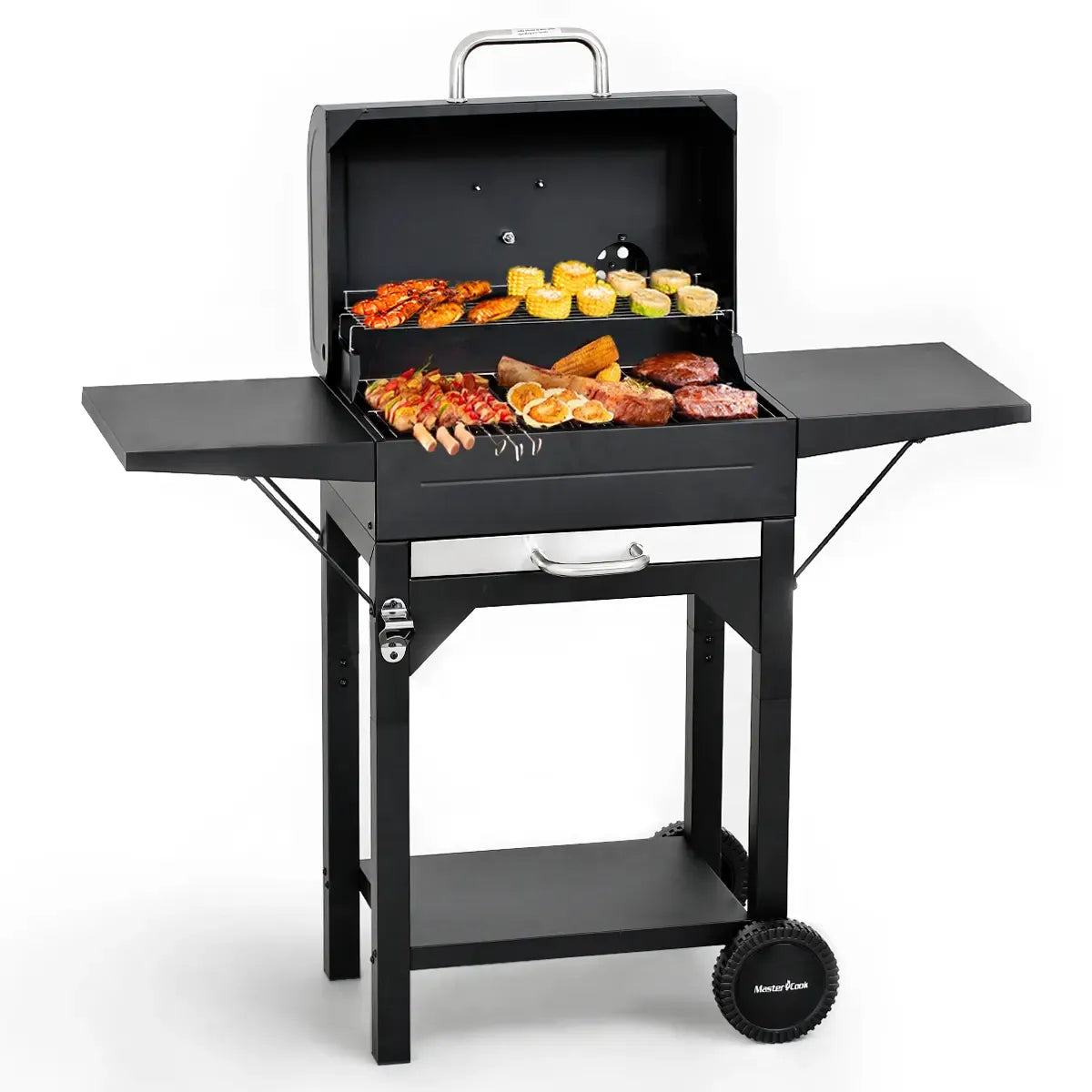 Charcoal Grill with Two Side Tables 332 SQIN Cooking Area Outdoor Smoker Barbecue BBQ Grill for Camping Patio Backyard Party Picnic Black