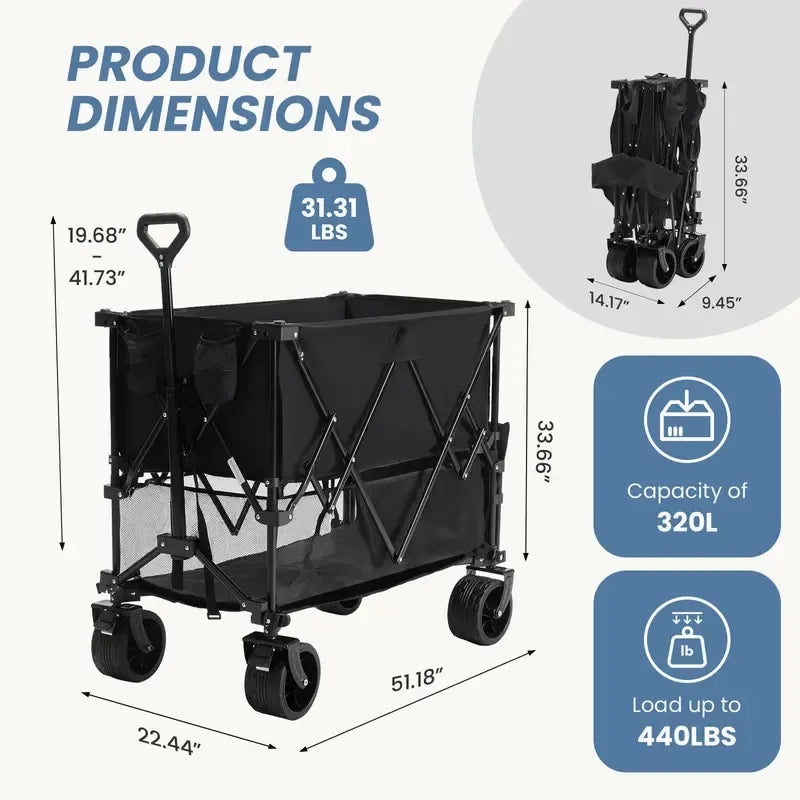 320L Outdoor Folding Double-Decker Wagon with Brakes, 440 lbs Capacity, Flexible Handle, All-Terrain Big Wheels, Compact Pack & Foldable Size for Grocery, Camping