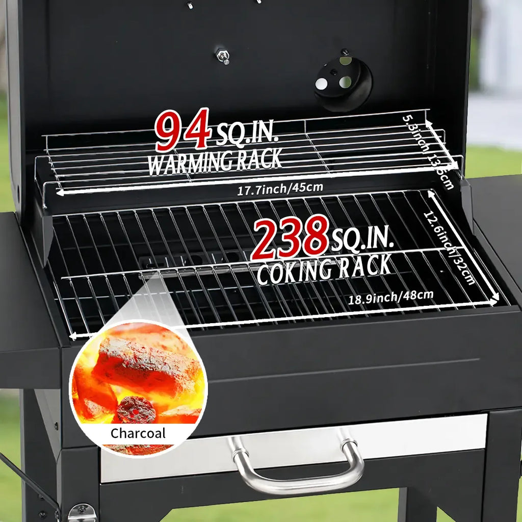 Charcoal Grill with Two Side Tables 332 SQIN Cooking Area Outdoor Smoker Barbecue BBQ Grill for Camping Patio Backyard Party Picnic Black