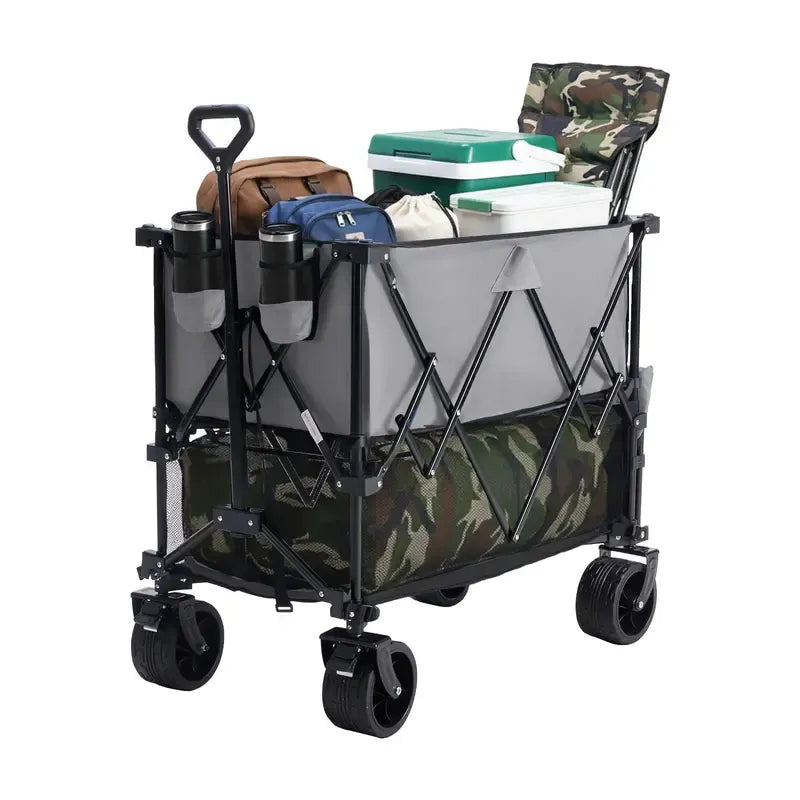 320L Outdoor Folding Double-Decker Wagon with Brakes, 440 lbs Capacity, Flexible Handle, All-Terrain Big Wheels, Compact Pack & Foldable Size for Grocery, Camping