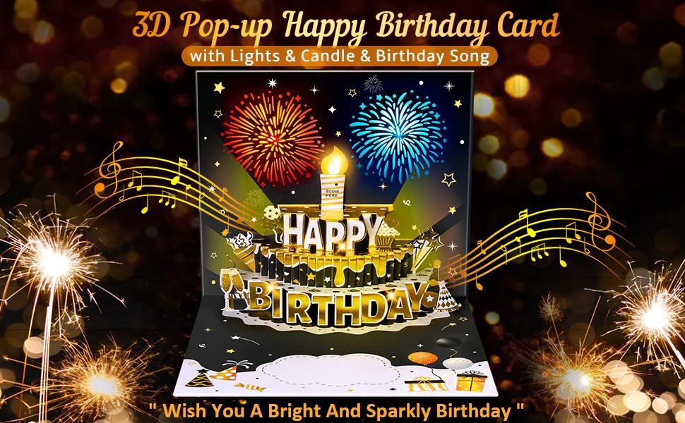 DIY Age Birthday Cards Fireworks Pop Up Cake Light and Music Black and Gold Happy Birthday Card Gift for Husband, Men, Women, Mom, Grandma