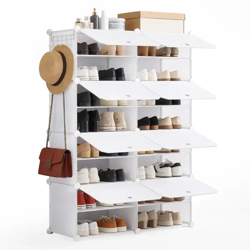 Today Only: $39｜6/8-tier shoe cabinet, 24/32-tier capacity, with side hooks, sturdy metal frame, and black and white plastic panel shelves. Suitable for entryways, living rooms, and walk-in closets