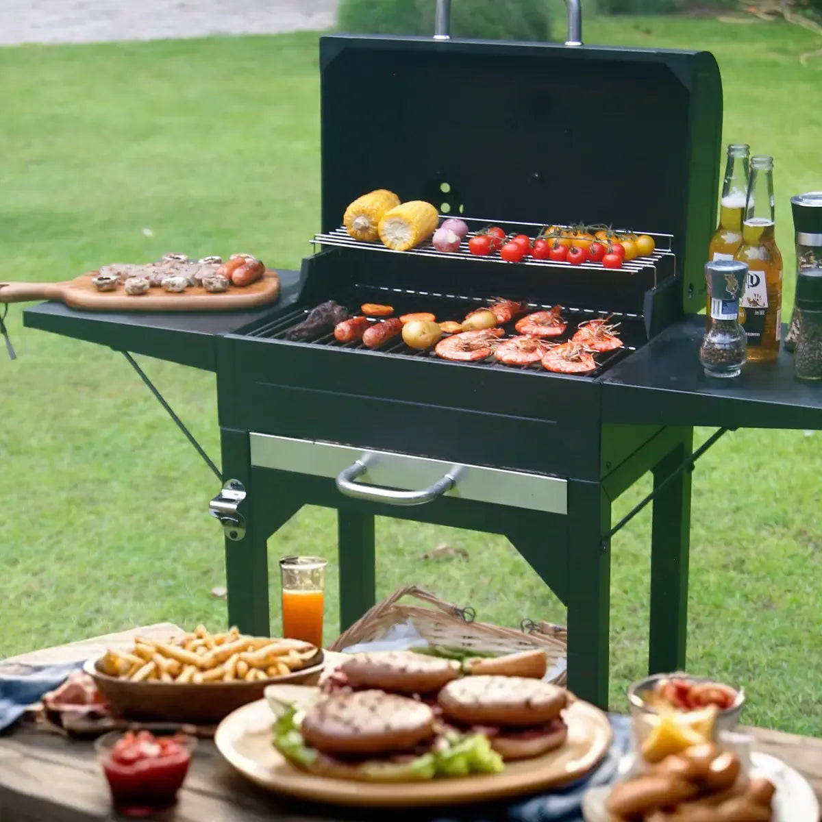 Charcoal Grill with Two Side Tables 332 SQIN Cooking Area Outdoor Smoker Barbecue BBQ Grill for Camping Patio Backyard Party Picnic Black