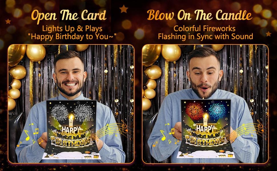DIY Age Birthday Cards Fireworks Pop Up Cake Light and Music Black and Gold Happy Birthday Card Gift for Husband, Men, Women, Mom, Grandma