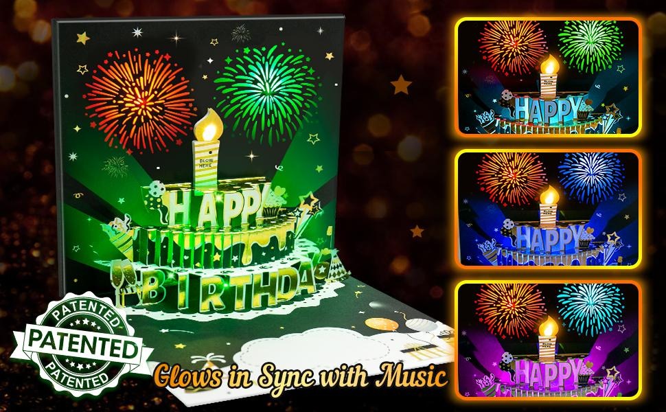 DIY Age Birthday Cards Fireworks Pop Up Cake Light and Music Black and Gold Happy Birthday Card Gift for Husband, Men, Women, Mom, Grandma