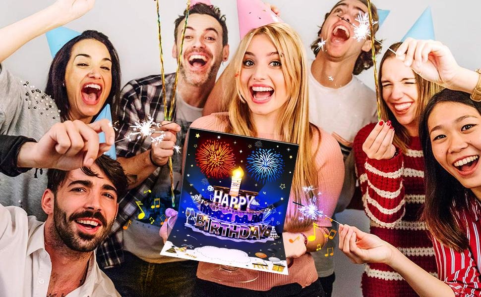 DIY Age Birthday Cards Fireworks Pop Up Cake Light and Music Black and Gold Happy Birthday Card Gift for Husband, Men, Women, Mom, Grandma