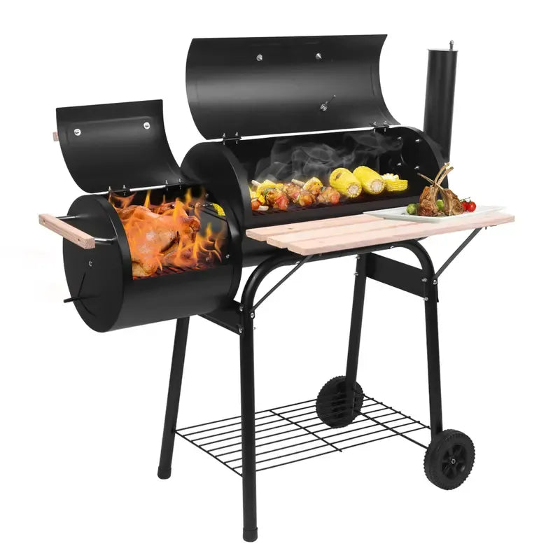 BBQ Charcoal Grill, Outdoor Patio Barbecue Cooker With Offset Smoker, Wheels And Tray For Balcony Picnics, Party And Camping