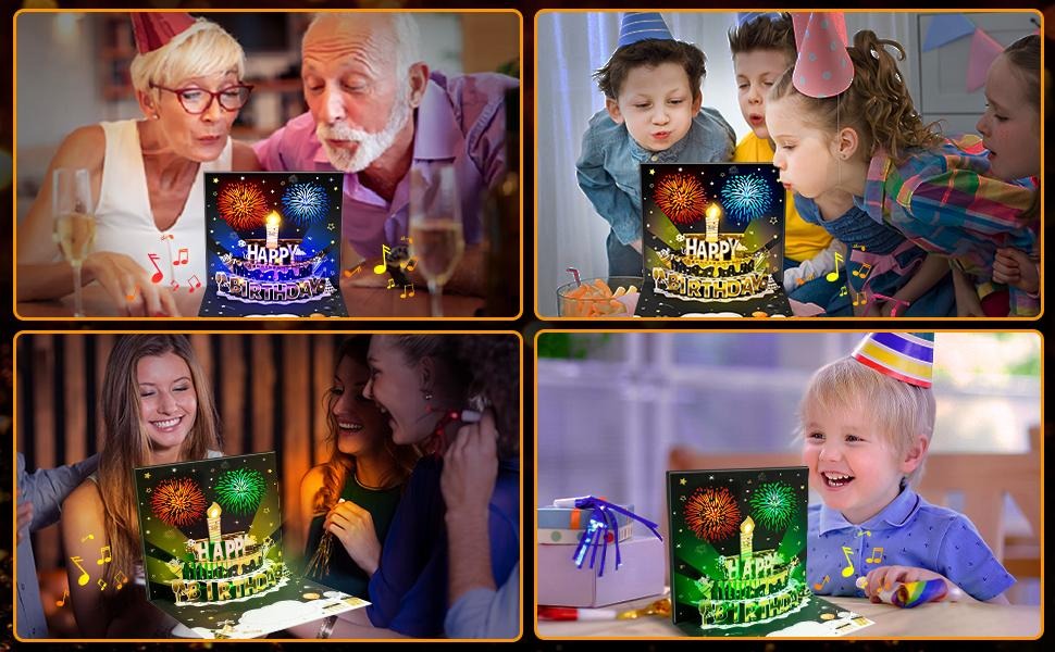 DIY Age Birthday Cards Fireworks Pop Up Cake Light and Music Black and Gold Happy Birthday Card Gift for Husband, Men, Women, Mom, Grandma