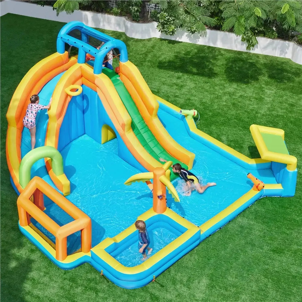 Inflatable Water Slide w/ 2 Long Slides & Large Climbing Wall & Small Deeper Pool & Awning for Kids Aged 3 to 10, Outdoor Water Slide w/Storage Bag & 950W Blower