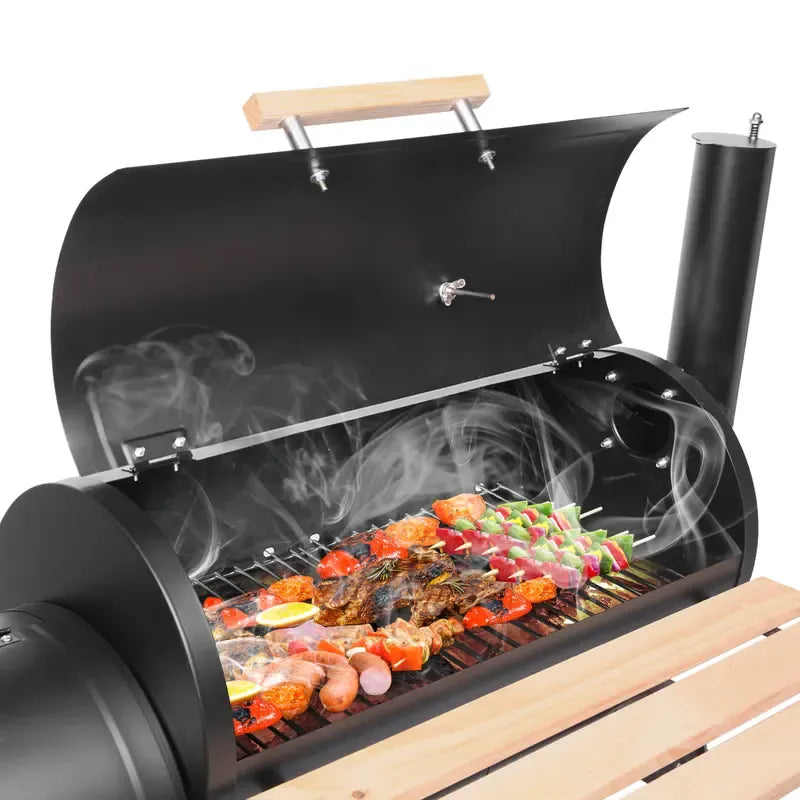 BBQ Charcoal Grill, Outdoor Patio Barbecue Cooker With Offset Smoker, Wheels And Tray For Balcony Picnics, Party And Camping