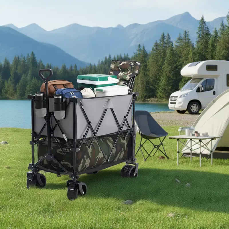 320L Outdoor Folding Double-Decker Wagon with Brakes, 440 lbs Capacity, Flexible Handle, All-Terrain Big Wheels, Compact Pack & Foldable Size for Grocery, Camping