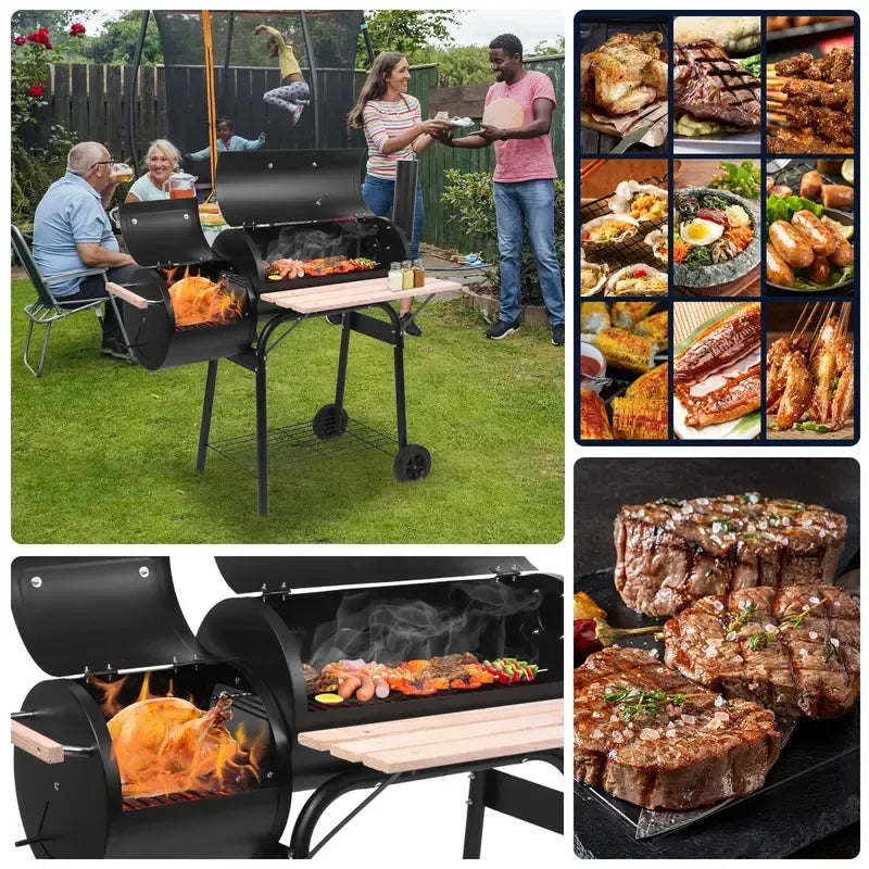 BBQ Charcoal Grill, Outdoor Patio Barbecue Cooker With Offset Smoker, Wheels And Tray For Balcony Picnics, Party And Camping