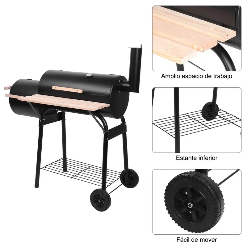 BBQ Charcoal Grill, Outdoor Patio Barbecue Cooker With Offset Smoker, Wheels And Tray For Balcony Picnics, Party And Camping