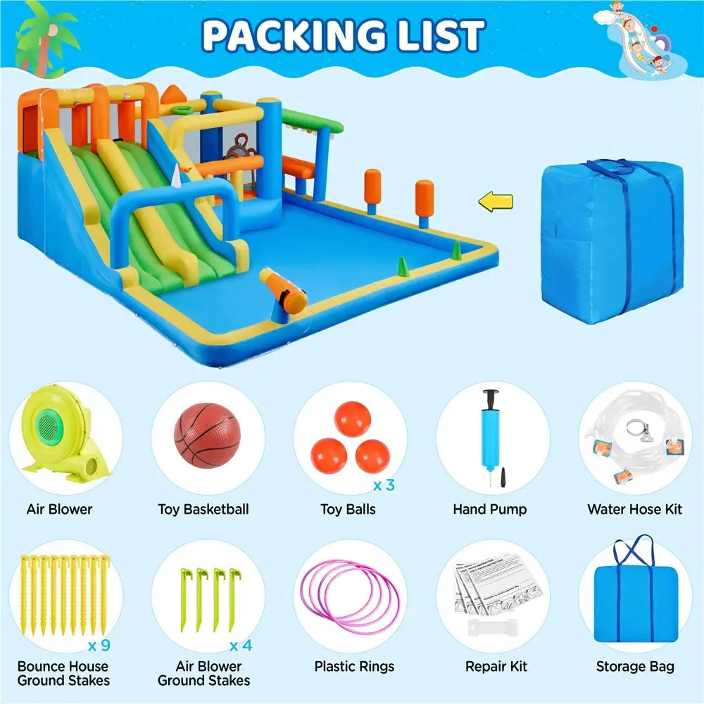 Inflatable Water Slide w/ 2 Long Slides & Large Climbing Wall & Small Deeper Pool & Awning for Kids Aged 3 to 10, Outdoor Water Slide w/Storage Bag & 950W Blower