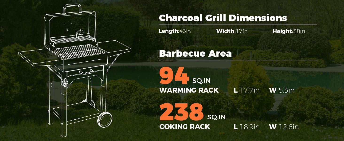 Charcoal Grill with Two Side Tables 332 SQIN Cooking Area Outdoor Smoker Barbecue BBQ Grill for Camping Patio Backyard Party Picnic Black
