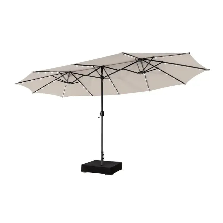 15/13Ft Solar Patio Umbrella with Base, Extra Large Outdoor Double-Sided Twin Umbrella with 36 LED Lights & Crank Handle for Garden, Deck, Poolside, Patio