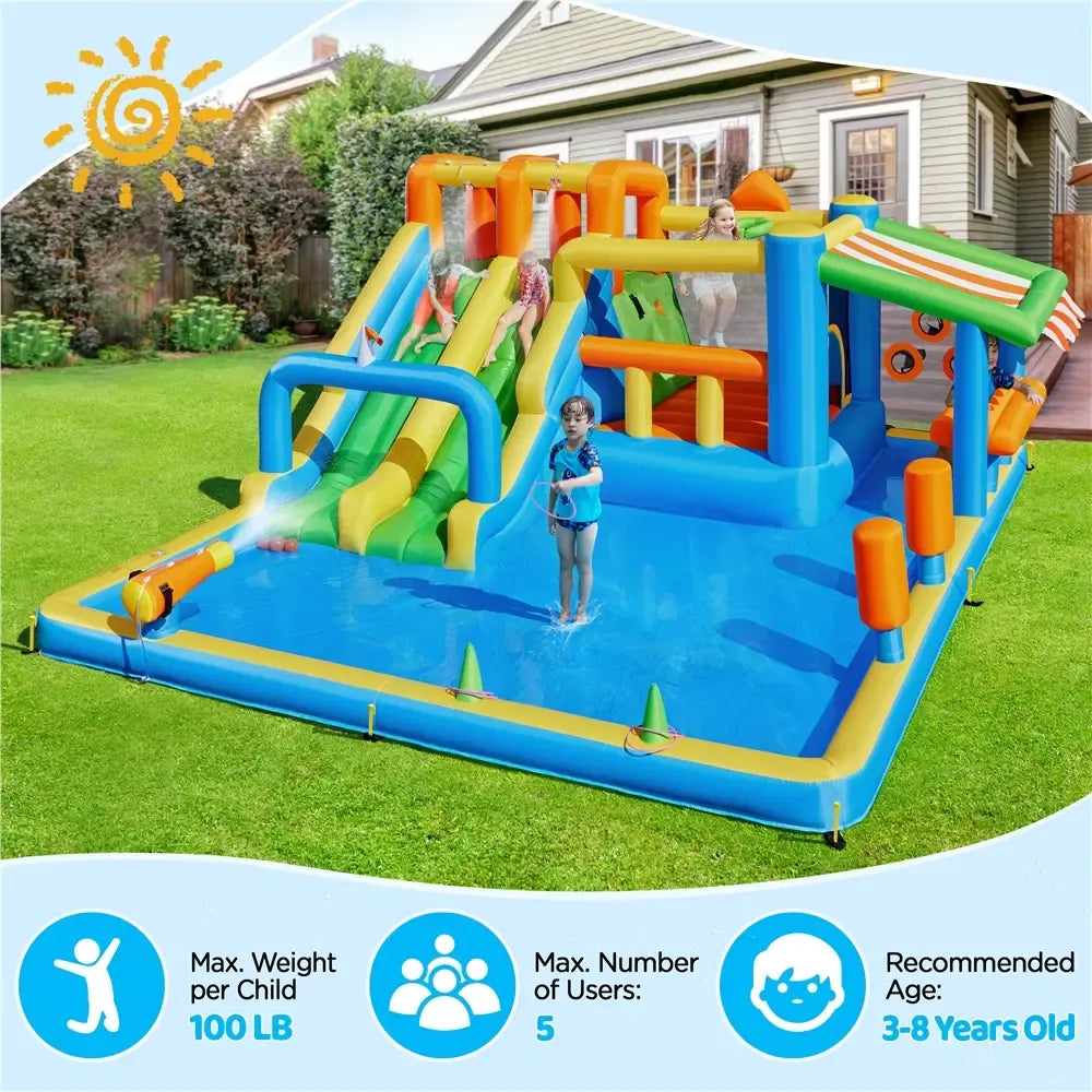 Inflatable Water Slide w/ 2 Long Slides & Large Climbing Wall & Small Deeper Pool & Awning for Kids Aged 3 to 10, Outdoor Water Slide w/Storage Bag & 950W Blower