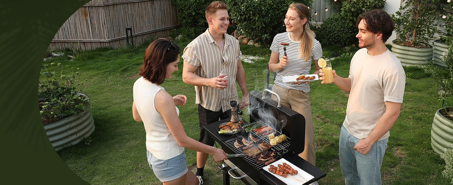Charcoal Grill with Two Side Tables 332 SQIN Cooking Area Outdoor Smoker Barbecue BBQ Grill for Camping Patio Backyard Party Picnic Black