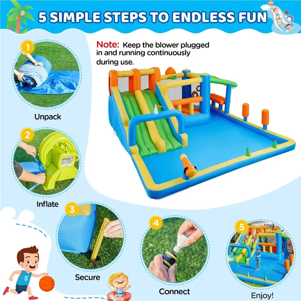 Inflatable Water Slide w/ 2 Long Slides & Large Climbing Wall & Small Deeper Pool & Awning for Kids Aged 3 to 10, Outdoor Water Slide w/Storage Bag & 950W Blower