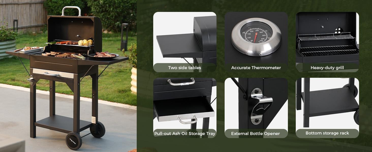 Charcoal Grill with Two Side Tables 332 SQIN Cooking Area Outdoor Smoker Barbecue BBQ Grill for Camping Patio Backyard Party Picnic Black